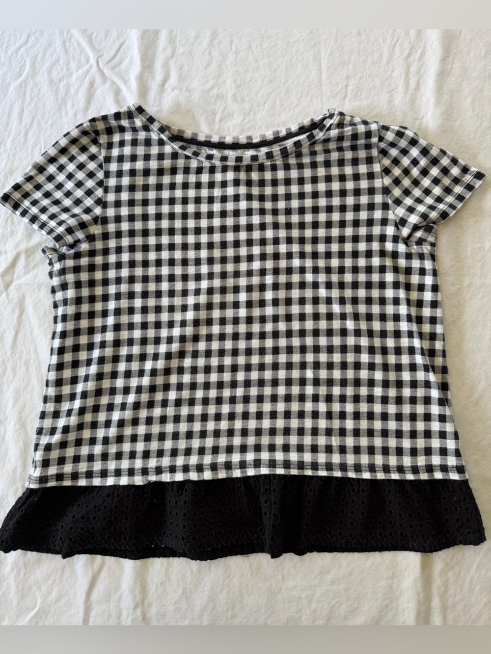 Talbots Black and White Gingham Short Sleeve Tee with Black Eyelet Ruffle